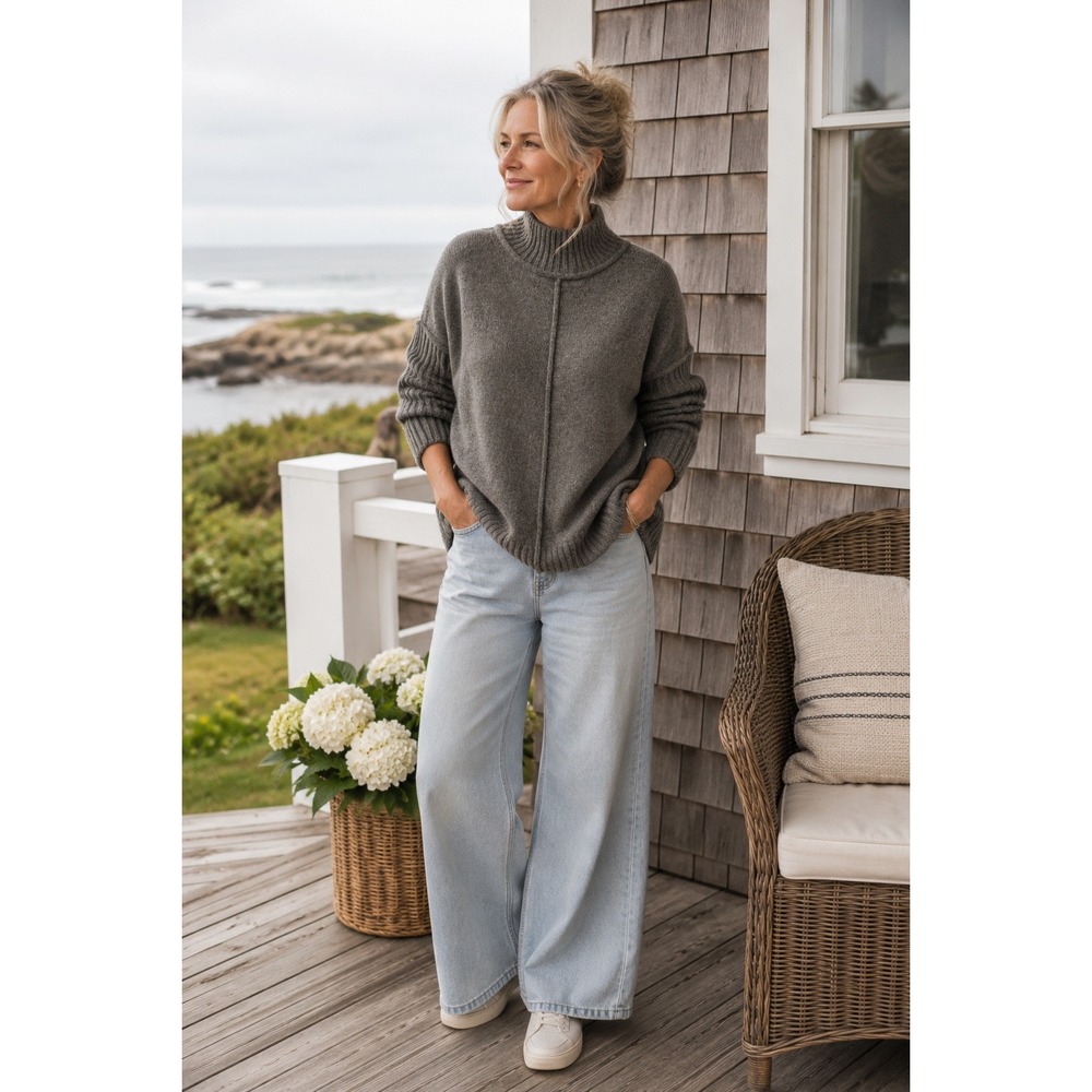 Umgee Gray Oversized Mock Neck Sweater Ribbed Sleeve Lagenlook KS6036 Small NEW